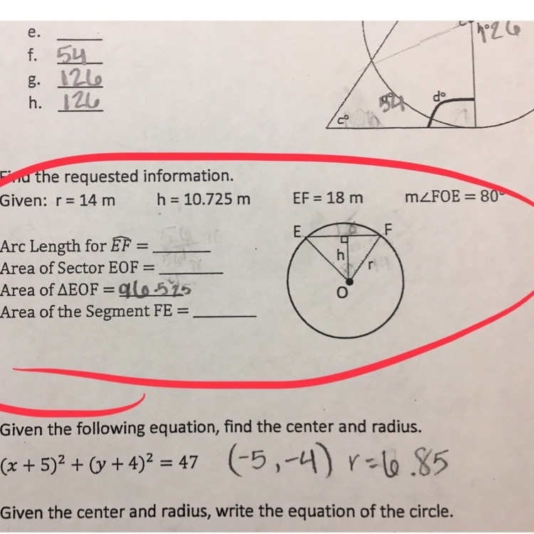 **Giving away 20 points**. I need to know the arc length for EF and the area of sector-example-1