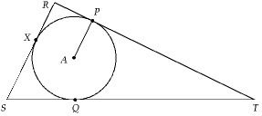 Circle A is inscribed in triangle RST. True False-example-1