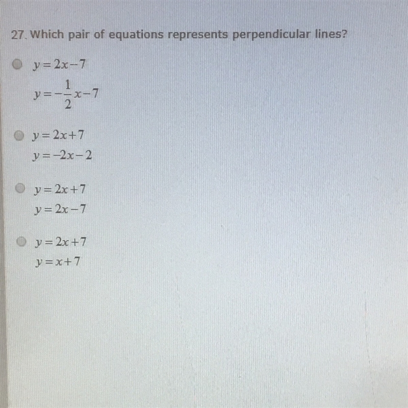 Which pair of equations represents perpendicular lines?-example-1