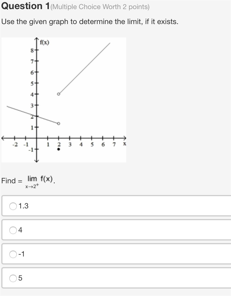 Question 1(Multiple Choice Worth 2 points) Use the given graph to determine the limit-example-1