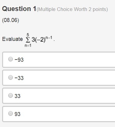 Evaluate the summation of 3 times negative 2 to the n minus 1 power, from n equals-example-1