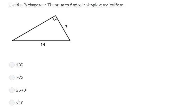 Use the Pythagorean Theorem to find x, in simplest radical form. Help please!-example-1