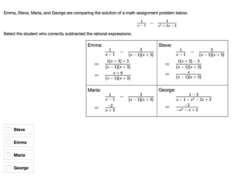 Emma, Steve, Maria, and George are comparing the solution of a math assignment problem-example-1