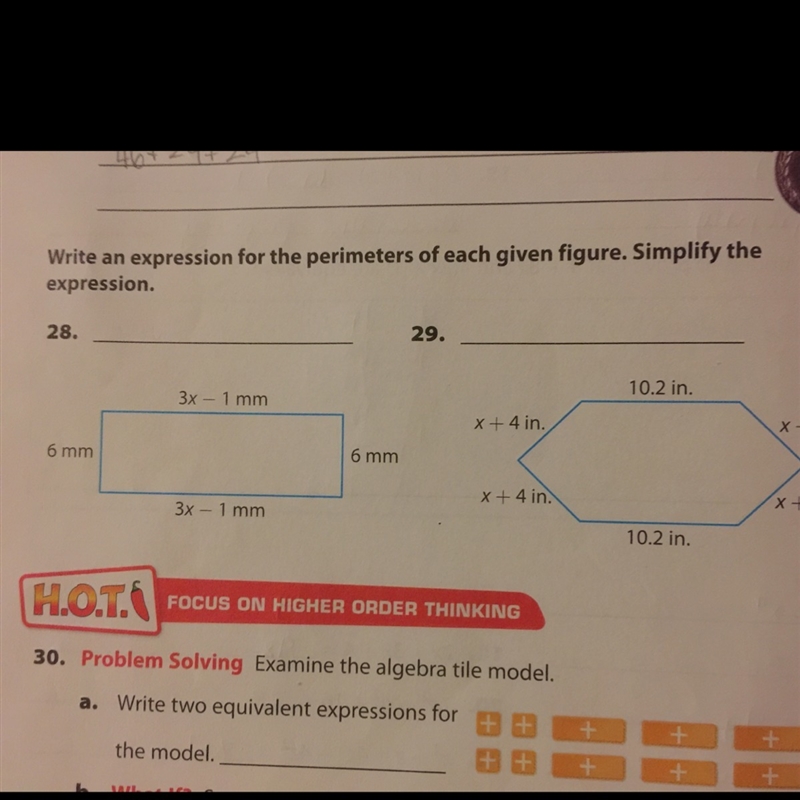 Write an expression for the perimeters of each figure. Simplify the expression.-example-1