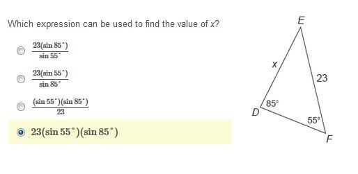 Which expression can be used to find the value of x? 23(sin85°)sin55° 23(sin55°)sin-example-1