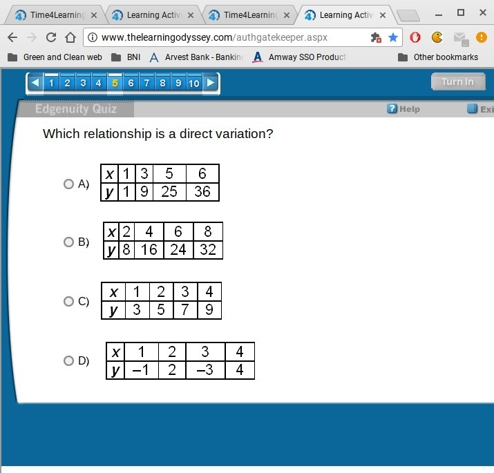 Which relationship is a direct variation?-example-1