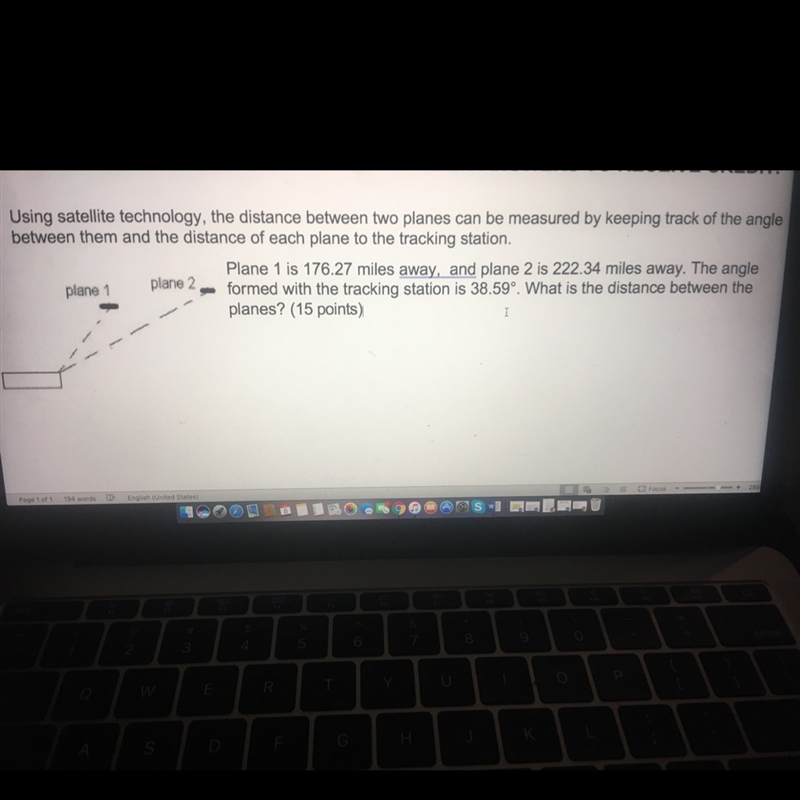 Plane 1 is 176.27 miles away, and plane 2 is 222.34 miles away. The angle formed with-example-1