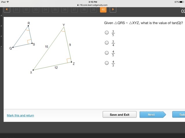 Given △QRS ~ △XYZ, what is the value of tan(Q)?-example-1