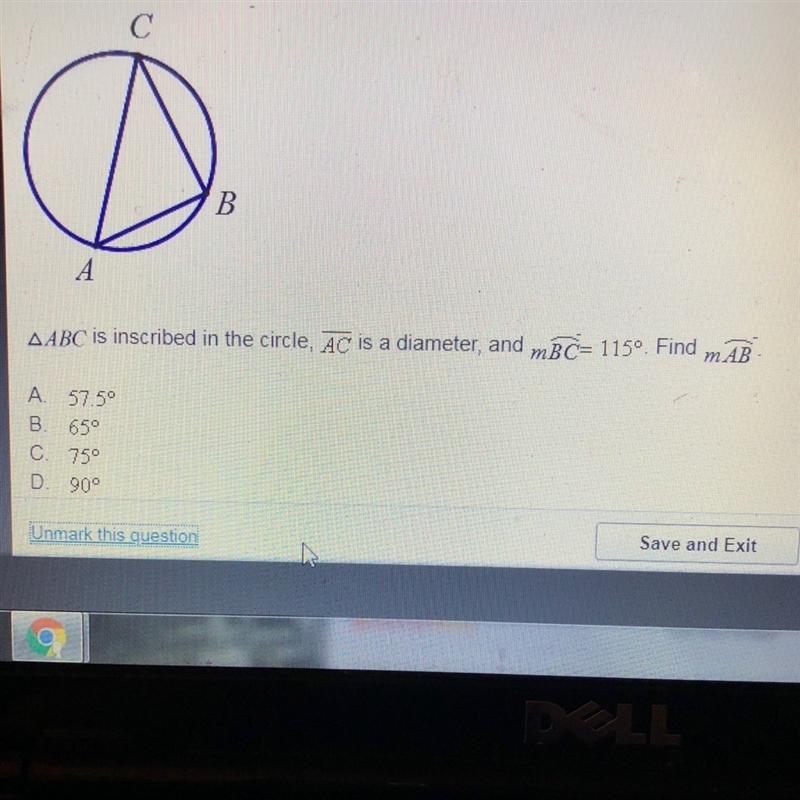 A. 57.5 degrees B. 65 degrees C. 75 degrees D. 90 degrees-example-1