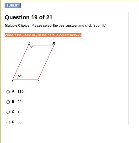 What is the value of y in the parallelogram below?-example-1