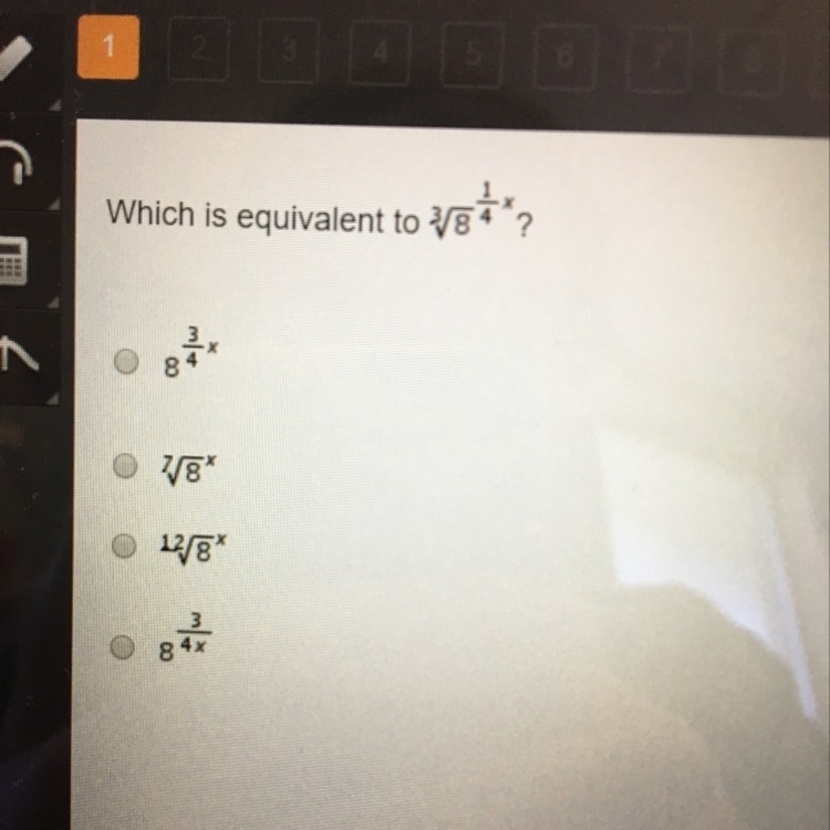 Which is equivalent 3^square root of 8 raised to the 1/4x power-example-1