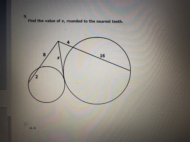 I NEED HELPP!! Find the value of x, rounded to the nearest tenth. A. 4.4 B. 3.7 C-example-1