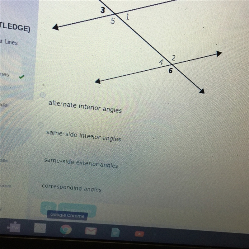 Use the figure to decide the type of angle pair that describes <3 <6.-example-1