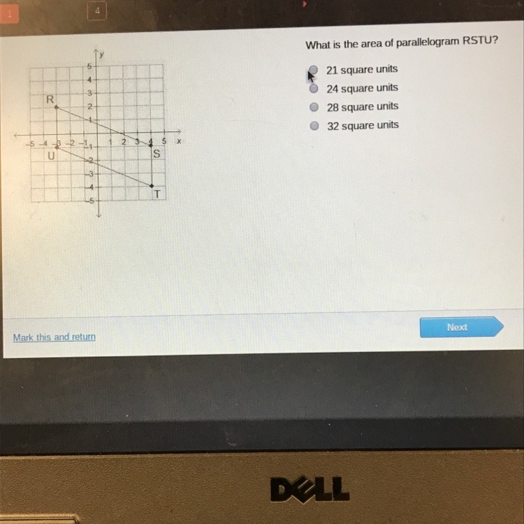 What is the area of parallelogram RSTU?-example-1