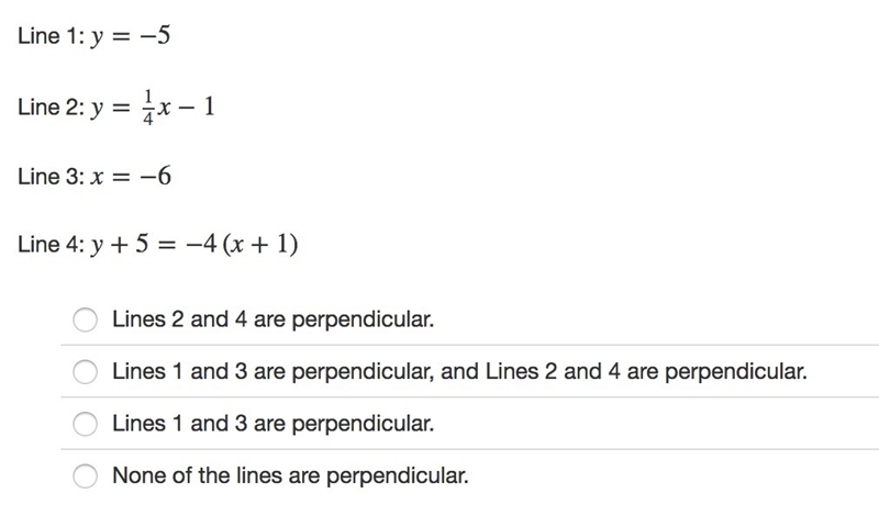 The equations of four lines are given. Identify which lines are perpendicular. Help-example-1