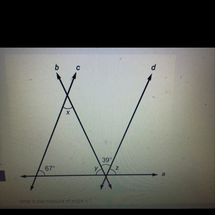 Lines c and d are parallel in this diagram What is the measure of angle x 53 74 39 28-example-1