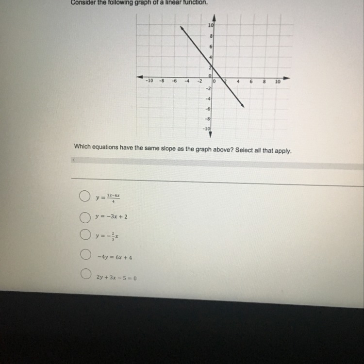 Which equations have the same slope as the graph above? Select all that apply.-example-1