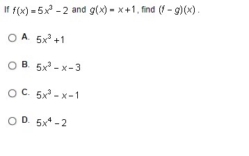 If f(x) =5x^3-2 and g(x)= x+1, find (f-g)(x)-example-1