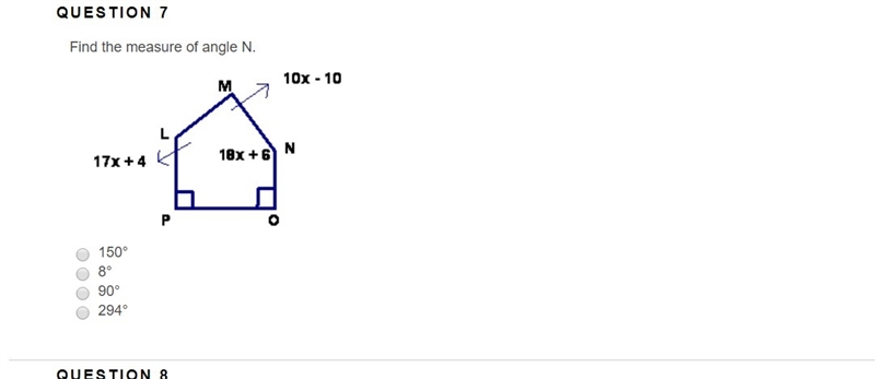 Find the measure of angle N. 150° 8° 90° 294°-example-1