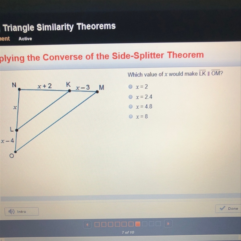 Which is the value of x would make LK||OM-example-1