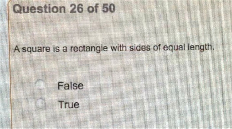 A square is a rectangle with sides of equal length. True or false?-example-1