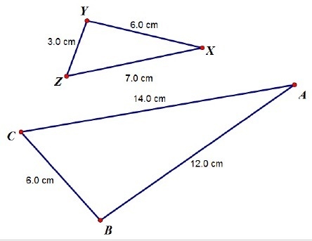 The triangles below are similar. Which similarity statement expresses the relationship-example-1