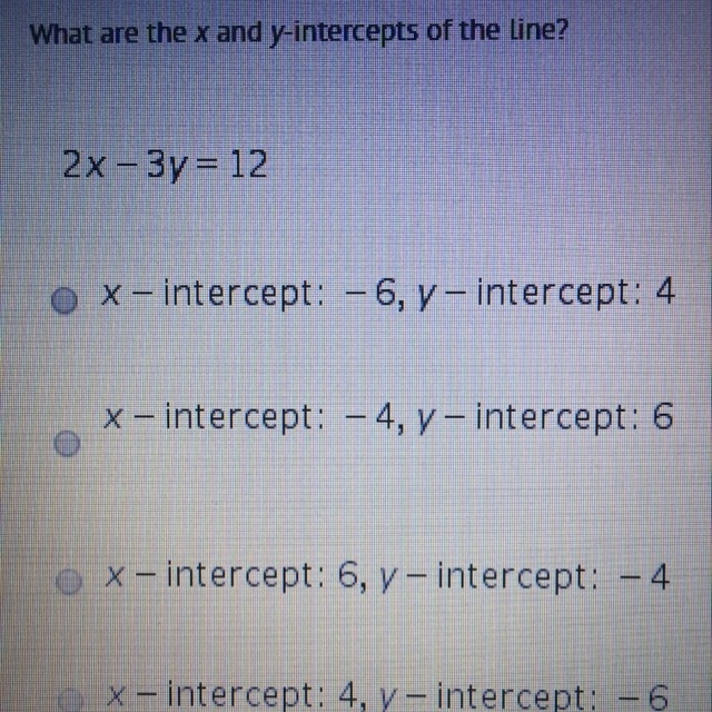 What are the x and y intercepts of the line? 2x - 3y = 12-example-1