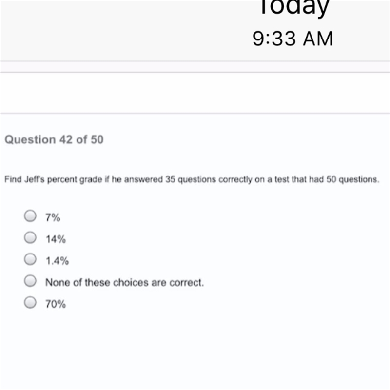 Find Jeff’s percent grade if he answered 35 questions correctly on a text that had-example-1