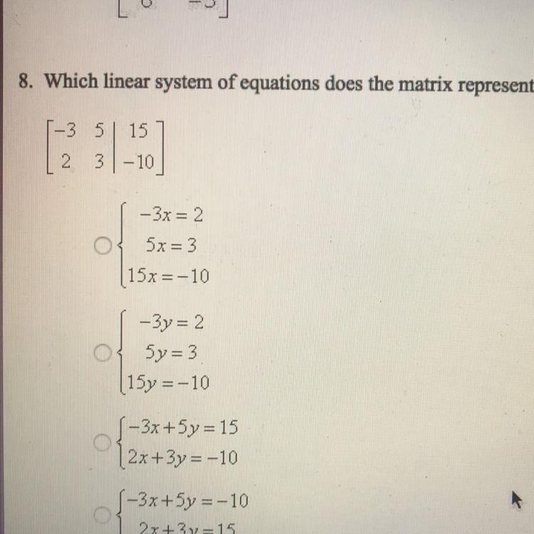 8. Which linear system of equations does the matrix represent?-example-1