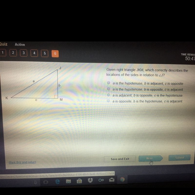 Given right triangle JKM, which correctly describes the sides in relation to-example-1