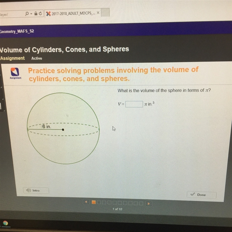 What is the volume of the sphere in terms of pie-example-1