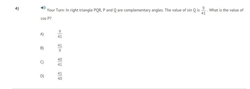 In right triangle PQR, P and Q are complementary angles. The value of sin Q is 9/ 41 . What-example-1