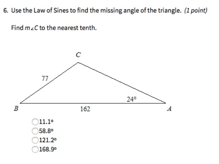 Use the law of sines to find the missing angle-example-1