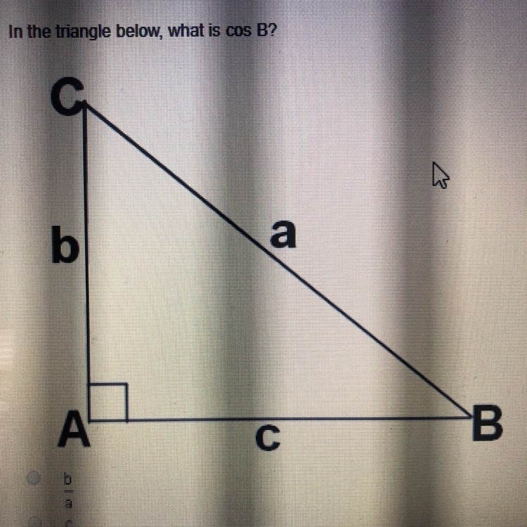 In the triangle below, what is cos B?-example-1