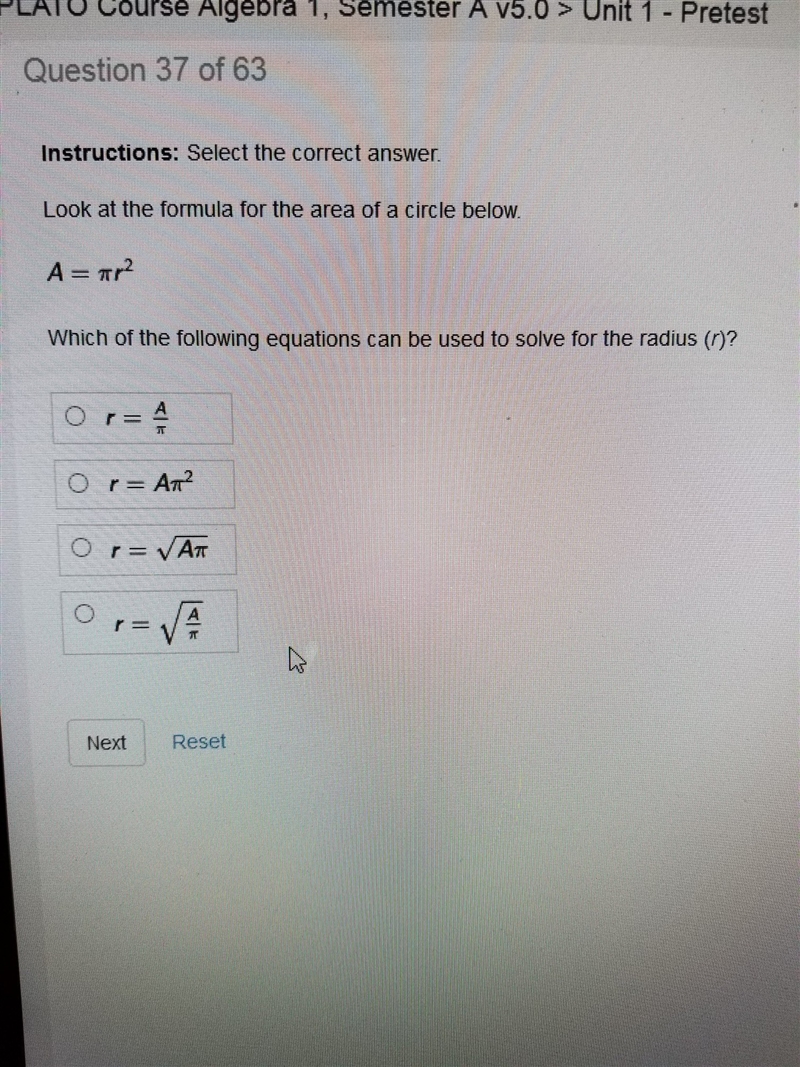 Which of the following equations can be used to solve for the radius-example-1