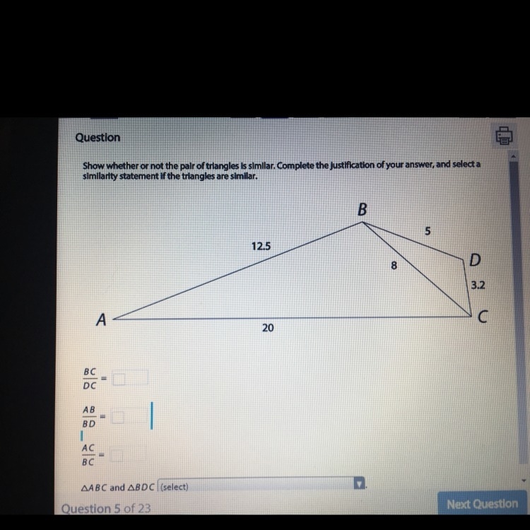 Show whether or not the pair of triangles is similar. Complete the justification of-example-1