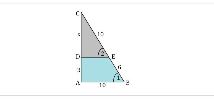 ΔABC ​~ ΔDEC. ∠1 and ∠2 have the same measure. Find DC and DE.​ (Hint: Let DC=x and-example-1