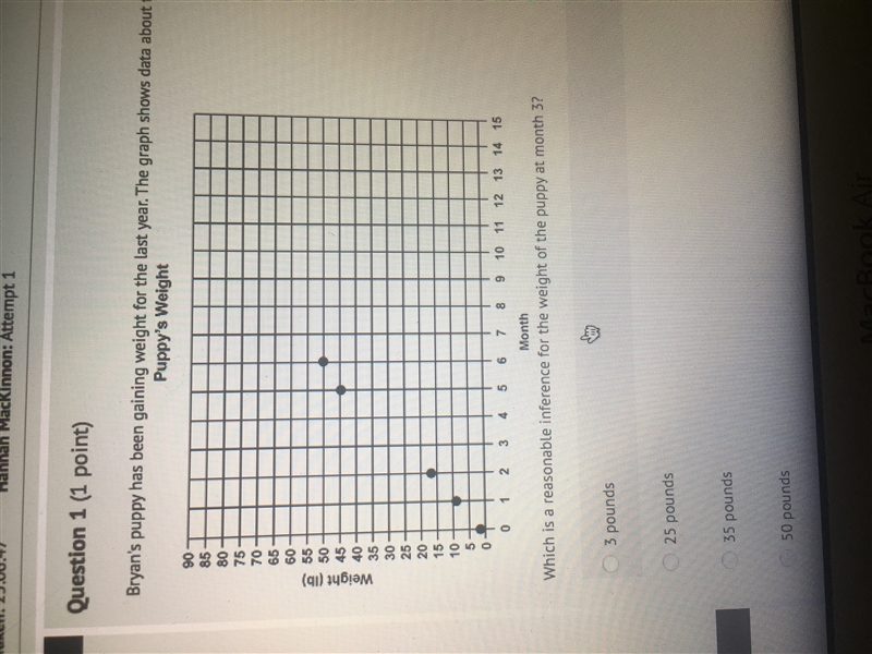 Bryan's puppy has been gaining weight for the last year. The graph shows data about-example-1