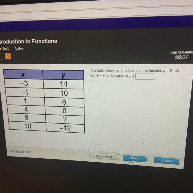 The table shows ordered pairs of the function y=8-2x when x=8, the value of y is?-example-1