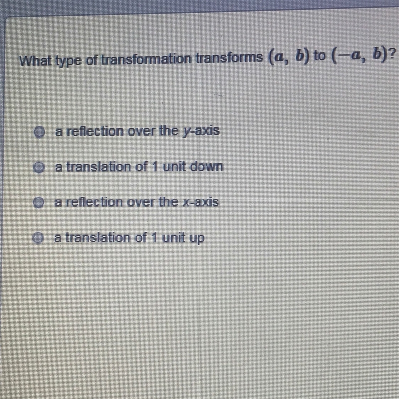 What type of transformation transforms (a,b) to (-a,b) ? A reflection over the y axis-example-1