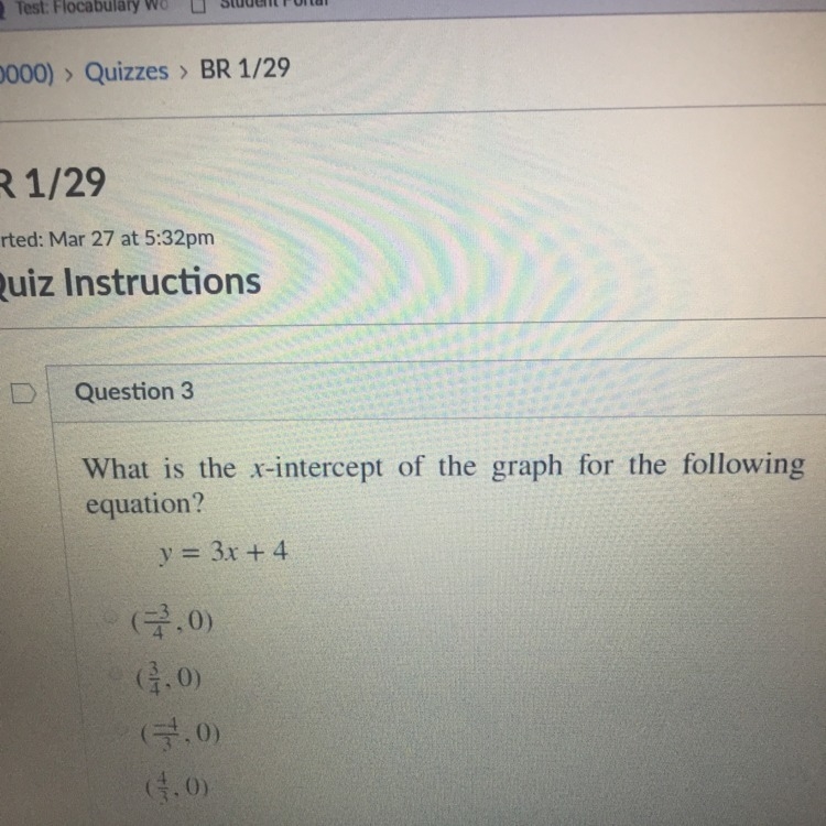 What is the x intercept for y=3x+4-example-1