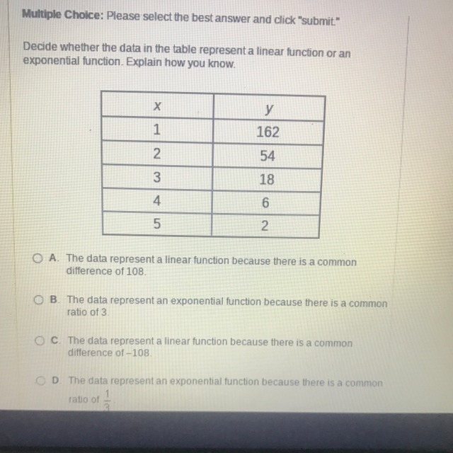 Decide whether the data table represents a linear function or an exponential function-example-1