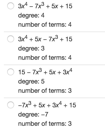 Which of the following represents the polynomial 5x + 3x^4 + 15 − 7x3 in standard-example-1