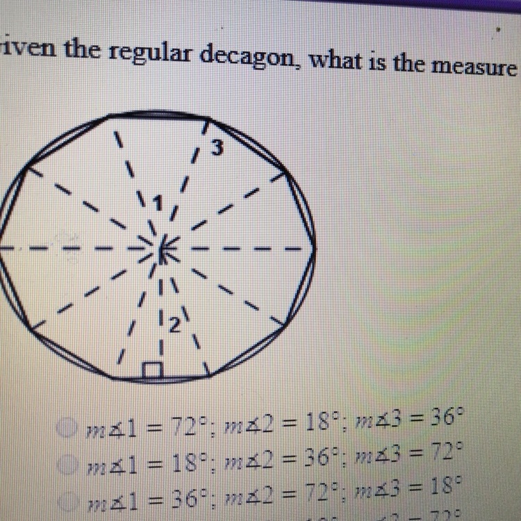 Given the regular decagon what is the measure of each given angle-example-1