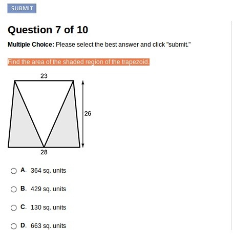 Find the area of the shaded region of the trapezoid.-example-1