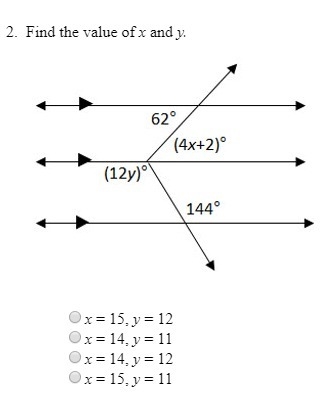 Find the value of X and Y. A. X=15, Y=12 B. X=14, Y=11 C. X=14, Y=12 D. X=15, Y=11 Yeah-example-1