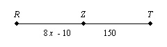 If Z is the midpoint of RT, what are x, RZ, and RT? a. x = 20, RZ = 300, and RT = 150 b-example-1