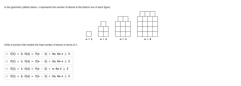 In the geometric pattern below, n represents the number of blocks in the bottom row-example-1