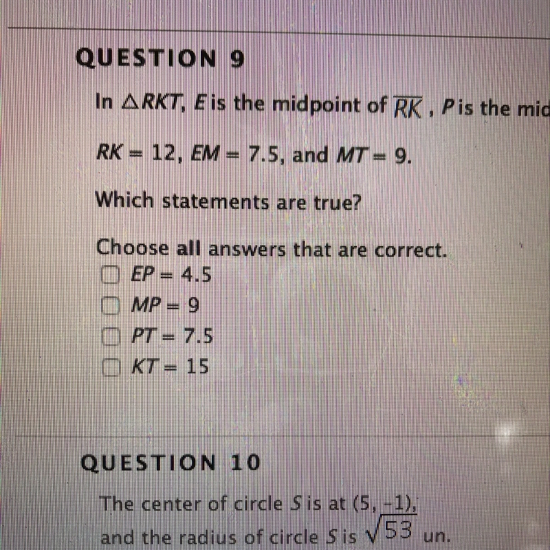 In RKT E is the midpoint of RK P is the midpoint of KT and M is the midpoint of RT-example-1