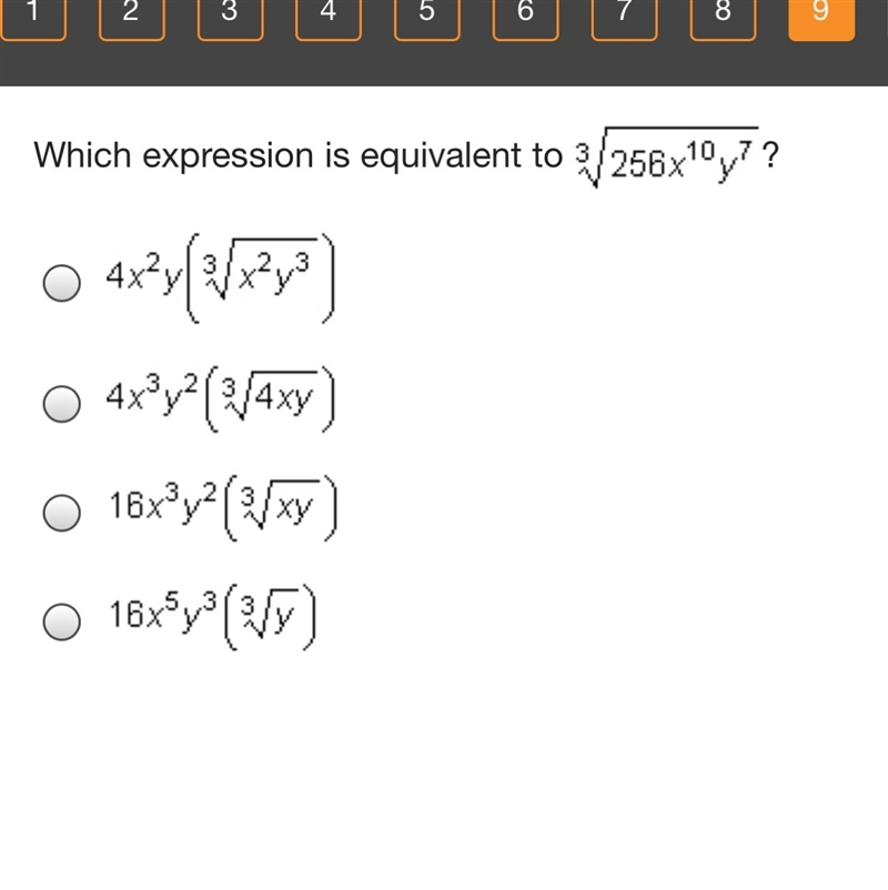 Which expression is equivalent to 3 square root 256x^10y^7?-example-1